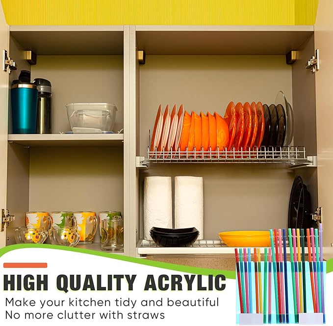 Acrylic Straw Holder for Cabinet Door with Double Sided Adhesive Tape Reusable Straw Organizer Tumbler Storage Kitchen Accessories Container for Counter Cupboard(Classic,Large,Iridescent)