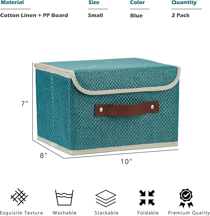 2PCS Storage Bins with Lid Fabric Storage Box Basket PU Leather Handle Textured Woven Cotton Linen Decorative Foldable Washable Shelf Closet Organizer Container (Flip-top Lid, Blue, Small)-NeatNest
