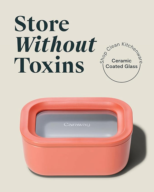 Caraway Mini Rectangle Food Storage Container - 2.6 Cup Glass Storage Container for Food - Non-Toxic Ceramic-Coated Glass - Air Release Technology - Compact & Stackable Design - Perracotta-NeatNest