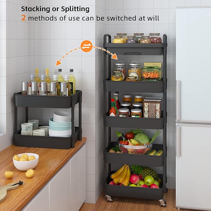 Calmootey 5-Tier Rolling Utility Cart with Drawer,Multifunctional Storage Organizer with Plastic Shelf & Metal Wheels,Storage Cart for Kitchen,Bathroom,Living Room,Office,Black-NeatNest