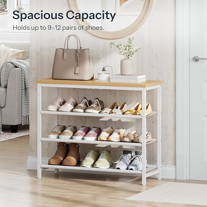 HOOBRO Shoe Rack with 3 PU Shelves, 4-Tier Shoe Storage Organizer for Closet and Entryway, Holds 9-12 Pairs of Shoes, Sturdy Metal Frame, Small Spaces, White and Natural WN94XJ01-NeatNest