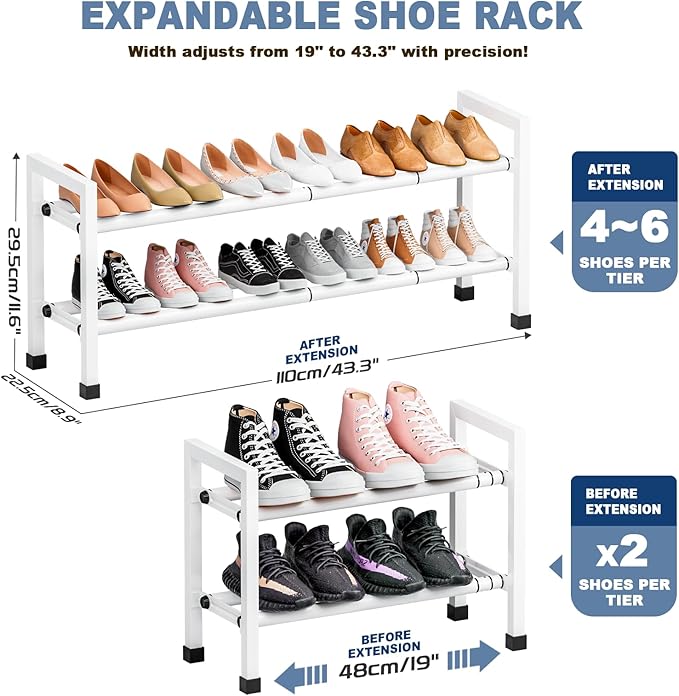 Mavivegue Expandable Shoe Rack, 2-Tier 19"-43.3" Adjustable Shoe Rack for Closet,Hall Entryway,Front Door,Garage, Sturdy Steel Space-Saving Rack, White-NeatNest