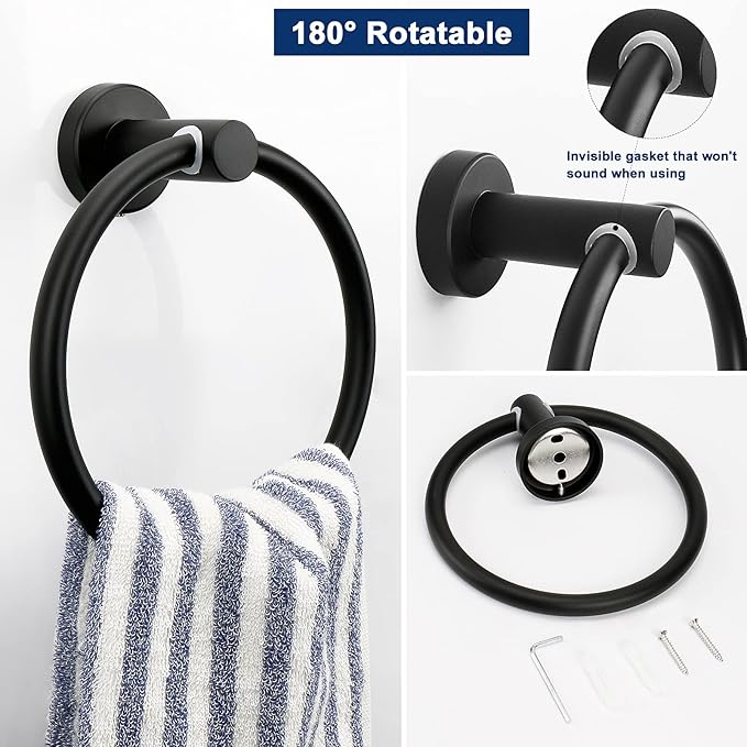 Bathroom Hardware Set 2 Pieces Towel Ring and Toilet Paper Holder 304 Stainless Steel Hand Towel Holder and Towel Hanger Wall Mounted (Matte Black)