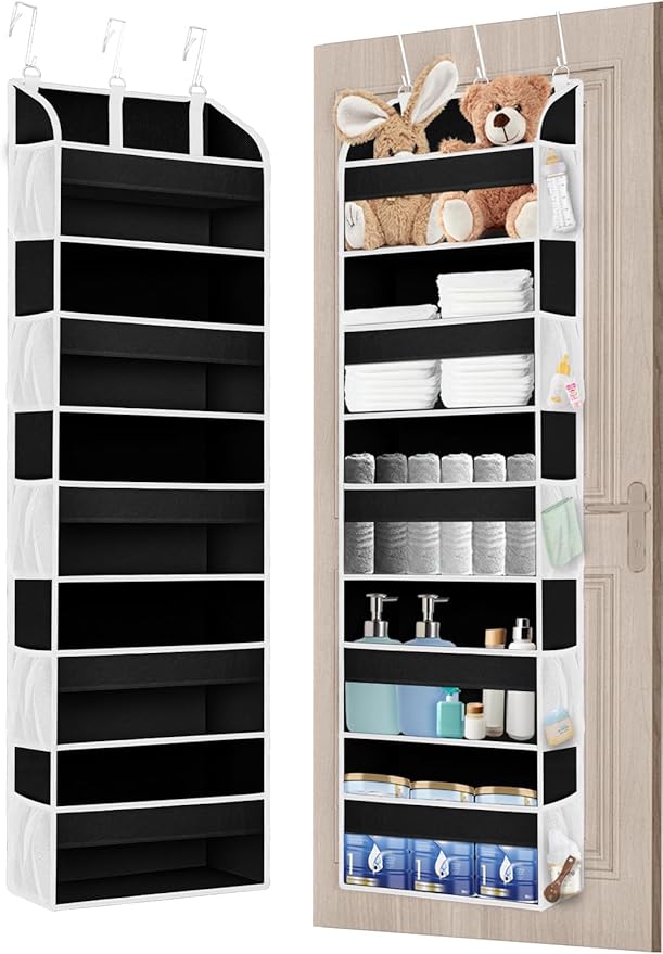 1 Pack Over The Door Storage Organizer with 5 Pockets 10 Mesh Side Pockets, 44 lbs Weight Capacity Door Hanging Organizers and Storage for Bedroom,Bathroom,Nursery,Pantry,Dorm(Black)-NeatNest
