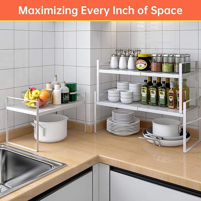 Adjustable Kitchen Shelf Organizer 9", (2 Pack) Heavy-Duty Cabinet Shelves for Countertop, Pantry & Microwave, Expandable Space-Saving Storage Rack with Non-Slip Pads, White-NeatNest