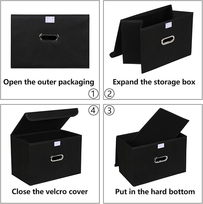 4-Pack Large Collapsible Storage Bins with Lids,Fabric Storage Cubes Organizer for Shelves,Closet,Nursery,Foldable Cube Storage Baskets with Handles,Home Boxes (14.9"x9.8",Black)