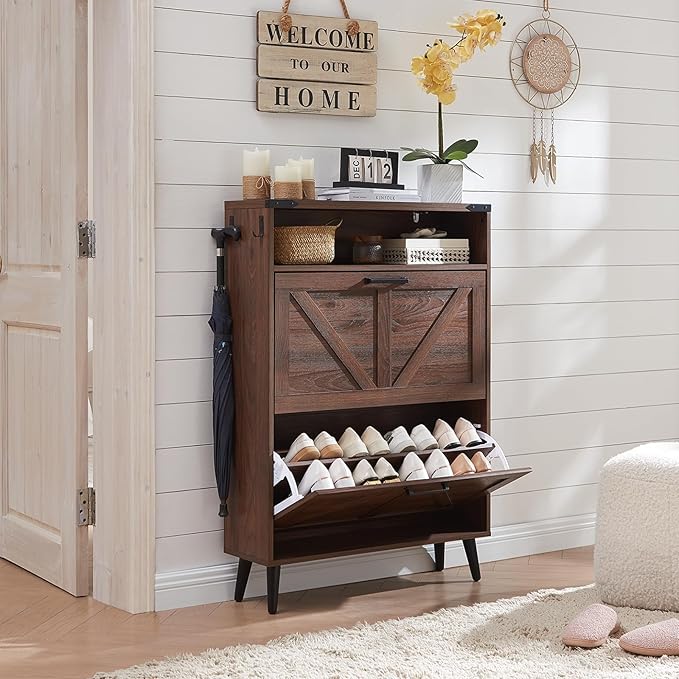 Shoe Storage Cabinet,Farmhouse Shoe Organizer with 2 Flip Drawers & Barn Door Design,Freestanding Hidden Slim Narrow Shoe Rack Cabinet with Open Storage for Entryway, Foyer,Hallway, Walnut-NeatNest