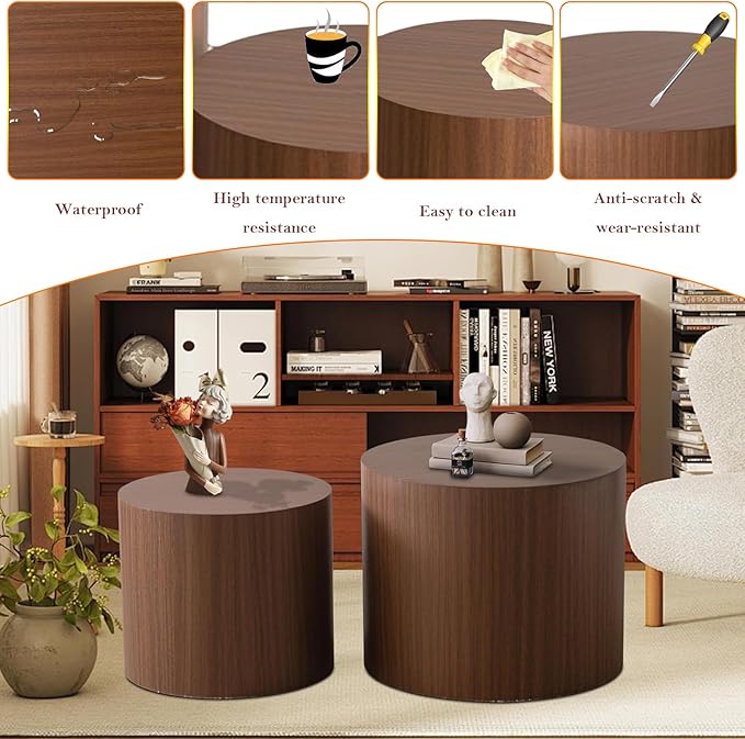 Stylish Nesting Coffee Table Set of 2, Elegant Chic Round Wooden Center Table - Smooth Finish & Easy to Clean, No Assemble Needed (G)