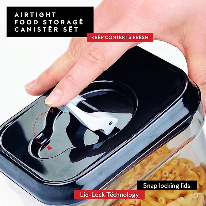 DWËLLZA KITCHEN Large Airtight Food Storage Containers - Clear Plastic Bulk Food Pantry & Kitchen Storage Containers for Flour, Sugar and Baking Supplies 4 Pcs. BPA-Free, Keeps Fresh & Dry (Black)-NeatNest