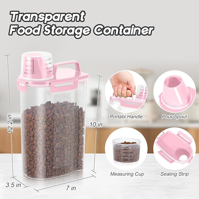 Dog Food Storage Container, Upgraded Large Nozzle BPA-free, 8-12 LBS Plastic Pet Food Storage Containers, With 4 Sealed Clasps, 1 Measuring Cup and Handle (2, Light Pink (3L+5L), (3L+5L))-NeatNest