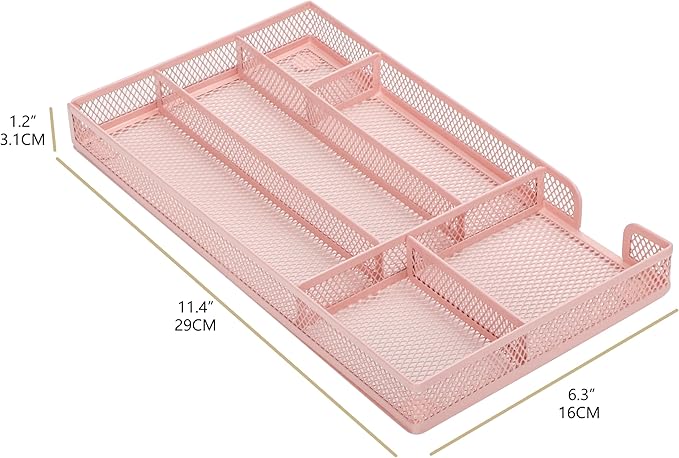 Annova Desk Drawer Organizer Tray for Office Organization - Metal Mesh - Storage Tray with Dividers for Pens, Desktop Accessories, Bathroom, Kitchen, Makeup and Office Supplies (Small, Light Pink)-NeatNest