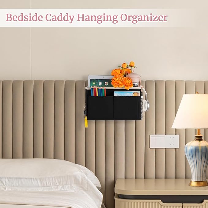 Bedside Caddy Bedside Hanging Storage Basket Bed Caddy for Headboards Bunk Dorm Rooms Crib Beds Rails Organizer (Black)-NeatNest