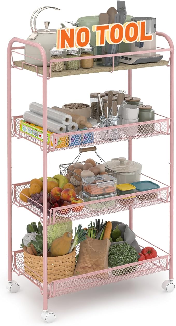 Sekey 4 Tier Rolling Cart Metal, Snap-Together Utility Cart on Wheels, Heavy Duty Storage Cart with Universal Wheels for Baby Nursery, Bathroom, Kitchen, Laundry Room, Pink
