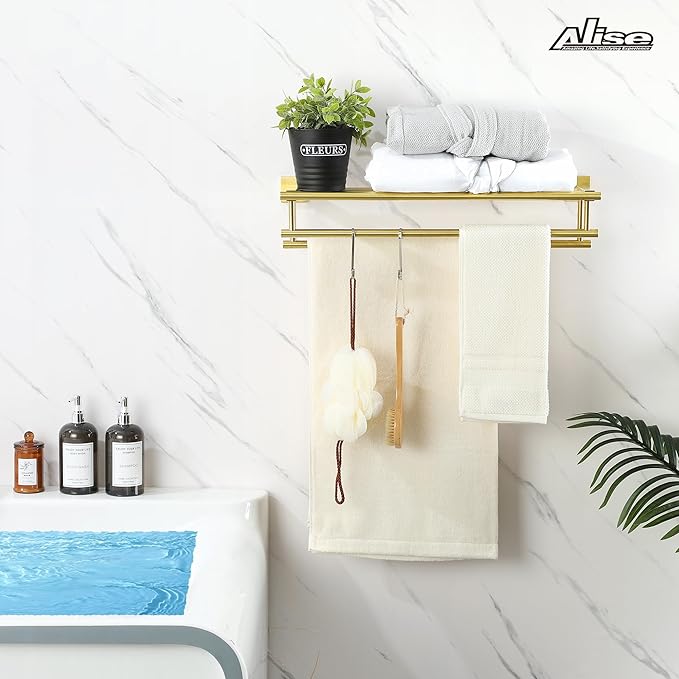 Alise Double Towel Rack for Bathroom,24 in Bathroom Tower Holder Towel Shelf with Double Towel Bars Wall Mount,SUS304 Stainless Steel Towel Hanger Double Tower Bar for Bathroom Wall,Brushed Gold