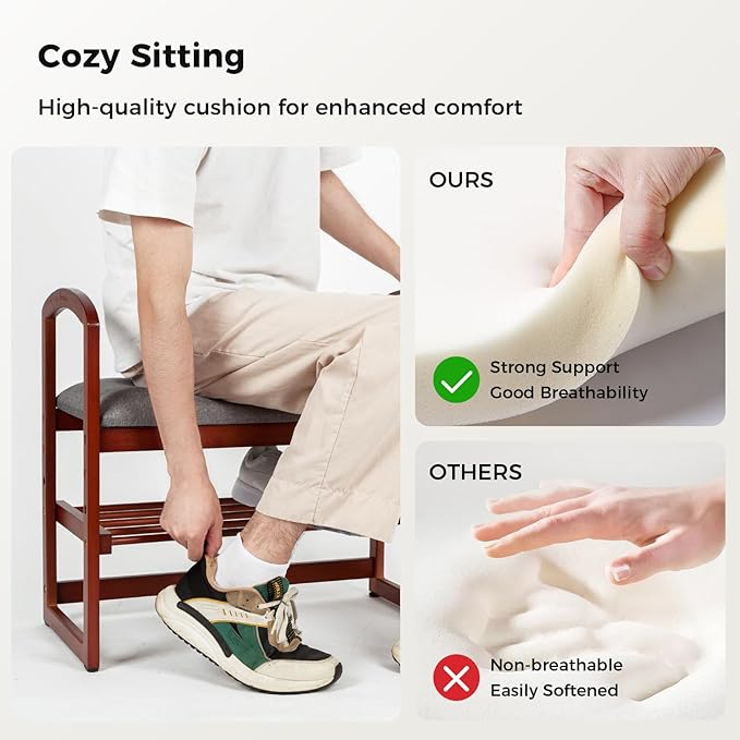 StrongTek Bamboo Shoe Bench, Storage Bench with Armrests & Cushion, Compact Entryway Bench for Seniors, Small Shoe Rack for Living Room, Bedroom, Hallway