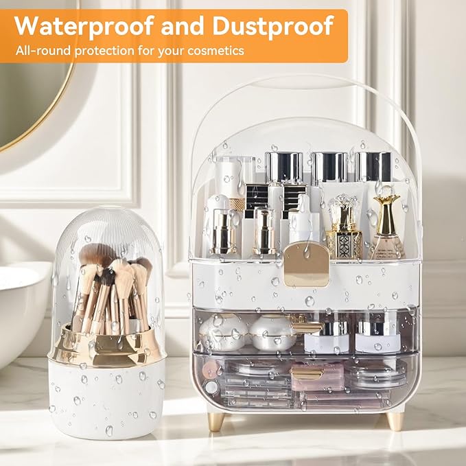 Brothersbox Makeup Organizer Countertop, Skincare Organizers with Clear Lid & 2 Drawers and Brush Holder, Make up Organizers for Vanity, Cosmetic Organizer for Bathroom Counter Dresser (White)