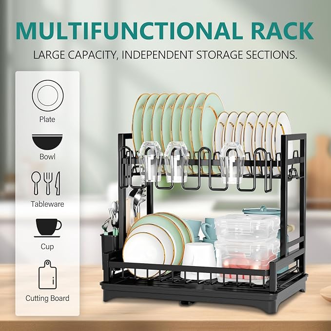 2-Tier Dish Drying Rack Dish Drainer Dish/Cup/Cutting Board Cutlery Holder Dish Drainer Rack Multifunctional Storage Rack w/Drainboard & 360° Telescopic Drain Pipe for Kitchen (Black)