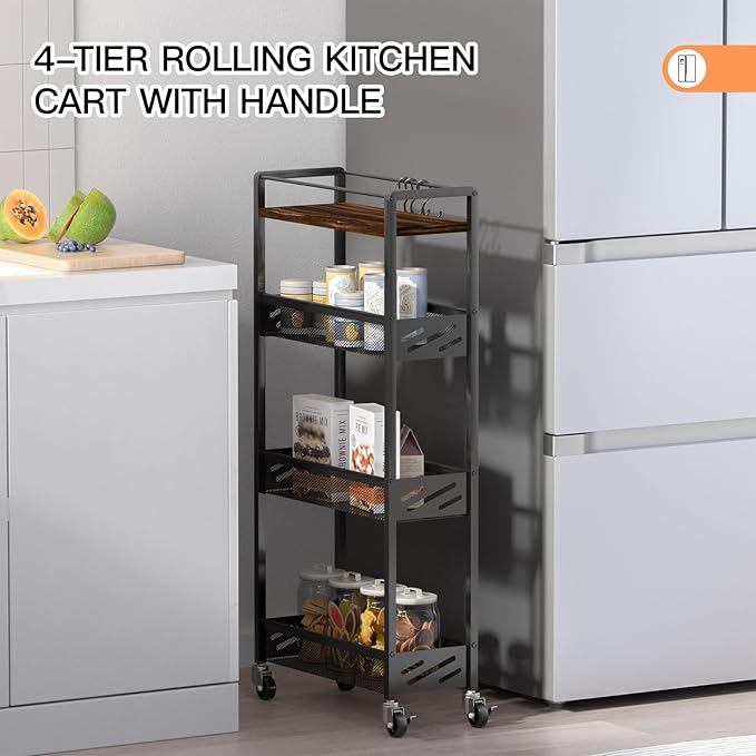 DGSNADGO Slim Rolling Storage Cart, 4-Tier Kitchen Cart on Wheels, Narrow Utility Cart with Handle and Wooden Tabletop for Small Space in Kitchen, Living Room, Bathroom, Rustic Brown and Black