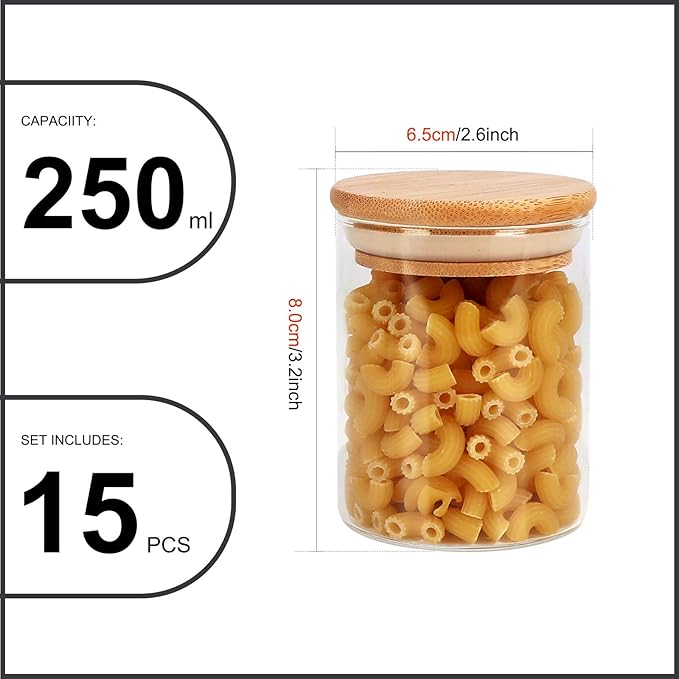 DHSBTLS 6 oz Glass Jars with Bamboo Lids, Borosilicate Glass Airtight Canisters sets, Food Storage Container, Pantry Organization and Storage Jars, Kitchen Spice Jars of 15-NeatNest