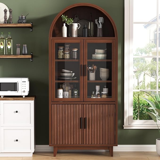 71" Tall Arched Cabinet with Glass Doors, Fluted Pantry Cabinet with Solid Wood Legs, Modern Accent Furniture for Living Room, Kitchen, Dining Room, Entryway, Walnut