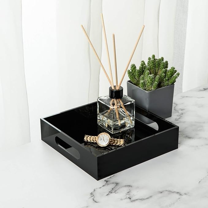 Black Sturdy Acrylic Tray with Handles-8x8 Inch- Countertop Organizer Tray for Kitchen,Bathroom,Office- Storage Box for Cosmetics, Jewelry,Toiletries,Toy,Gadgets-NeatNest
