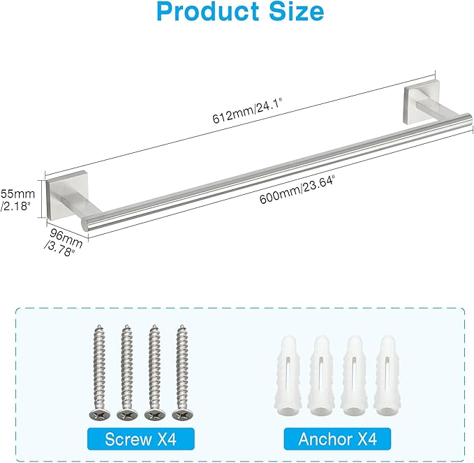 Towel Bar for Bathroom, 24 Inch Towel Rack Wall Mounted, SUS304 Stainless Steel Heavy Duty Towel Holder for Bathroom Laundry Room Hotel Modern Home Decor