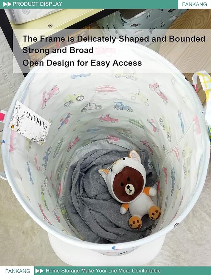 FANKANG Storage Basket, Nursery Hamper Canvas Laundry Basket Foldable with Waterproof PE Coating Large Storage Baskets for Kids Boys and Girls, Office, Bedroom, Clothes,Toys(Car)
