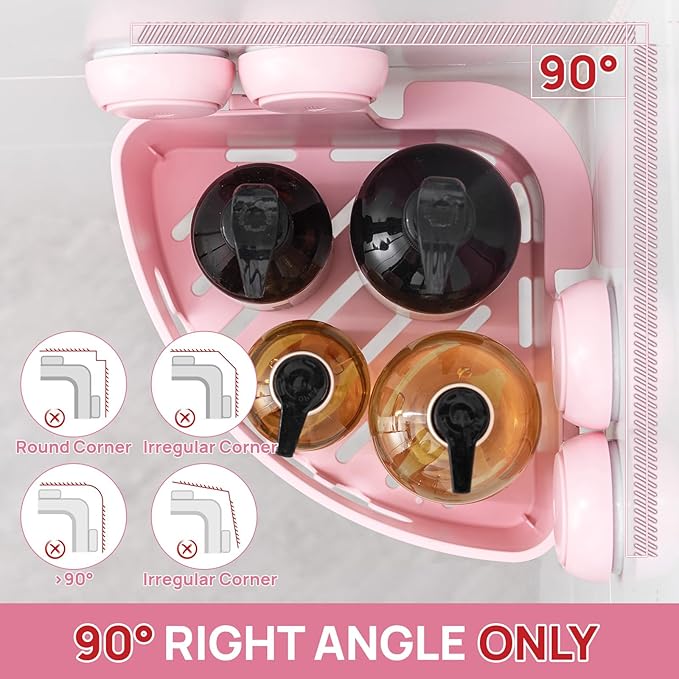 LEVERLOC Corner Shower Caddy Suction Cup, shower shelves suction cup, 2 Pack Basket Powerful Bathroom, Waterproof & Oil-proof Organizer for Kitchen, No-Drilling Removable (Pink)