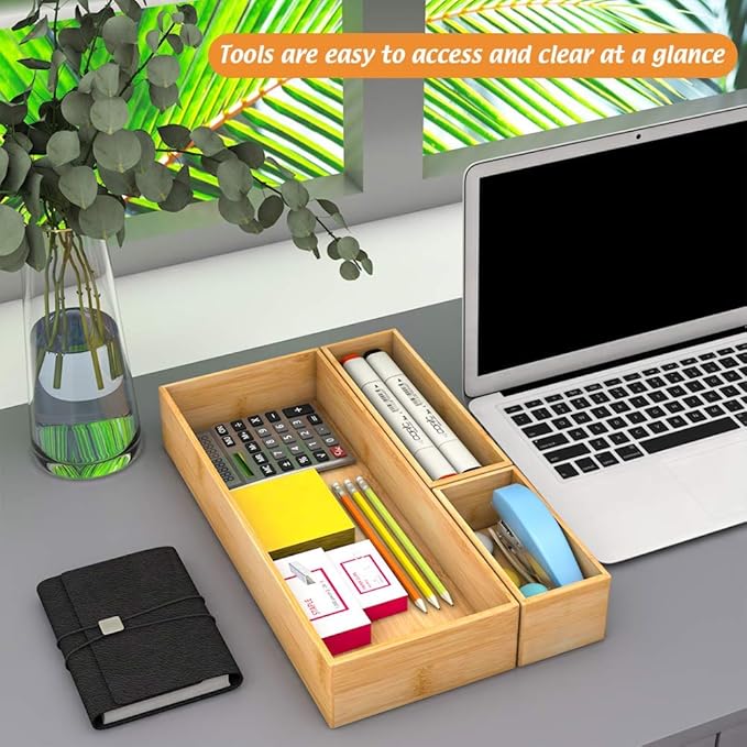 Bamboo Drawer Organizer Utensil Holder for Kitchen, Small Wood Silverware Storage Organizer, Stackable Box Tray for Cutlery, Flatware, Bathroom Caddy for Makeup, Perfume, Jewelry, 6x3x2.5 Inch-NeatNest