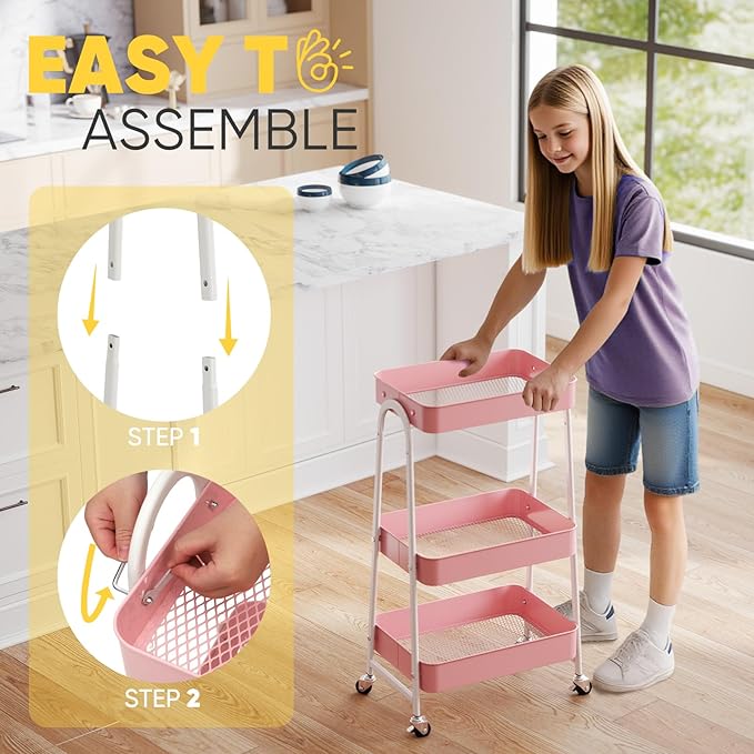 Sekey 3 Tier Rolling Cart Metal, Easy Install Utility Cart on Wheels, Heavy Duty Storage Cart with Lockable Wheels for Baby Nursery, Bathroom, Kitchen, Laundry Room, Pink