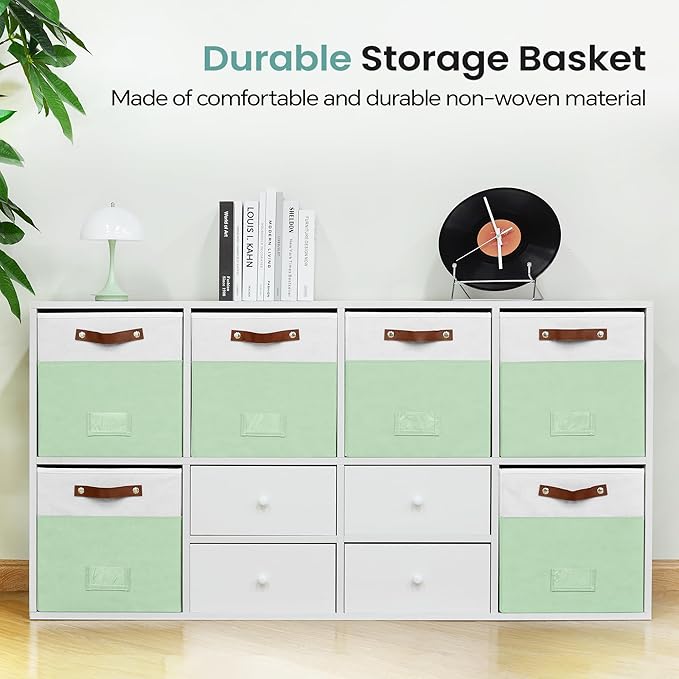 6-Pack Collapsible Fabric Storage Cubes with Handles & Label Holders, Closet Cube Home Organizer Bins (White/Sage Green, 13 x 13 x 13 inch)