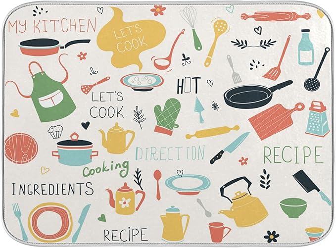 Dish Drying Mats for Kitchen Counter Kitchen Doodle Pattern Microfiber Dish Rack Mat Dry Mats for Dishes Large 24 x 18 Inches