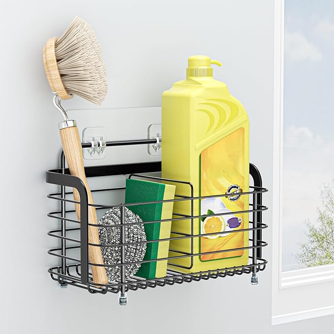 Black Kitchen Sink Caddy Organzier, Sponge Holder for Kitchen Sink, Metal High Brush Holder, Dish Sponge Holder Basket for Sponges, Scrubbers, Dish Soap Bottles Wall Mounted/Countertop-NeatNest