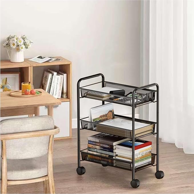3 Tier Rolling Cart, Mesh Wire Utility Carts, Metal Storage Shelf with Wheels & 4 Side Hooks, for Laundry Room Organization, Kitchen, Living Room, Bathroom, Pantry, Dorm & Under Desk Storage
