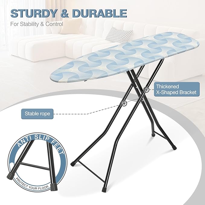APEXCHASER Ironing Board, Full Size Steam Iron Board,Large Heavy-Duty Sturdy Metal, Dual-use for Both Flat and Steam Iron Foldable Ironing Board with Heat Resistant Cover, 14x48, Blue
