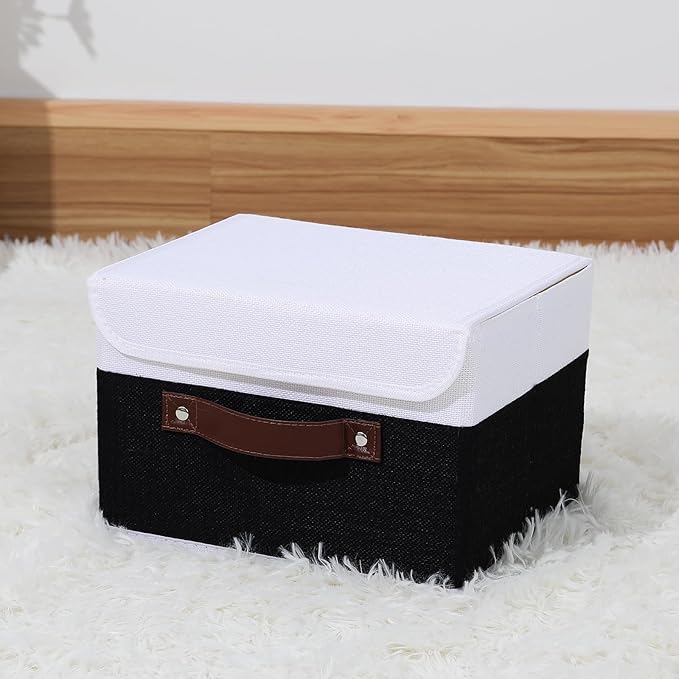ANMINY Storage Boxes with Lids Washable Decorative Storage Bins Basket with PU Leather Handle Foldable Linen Fabric Storage Cubes Containers for Home Closet Organizer - Black White, Small Size-NeatNest