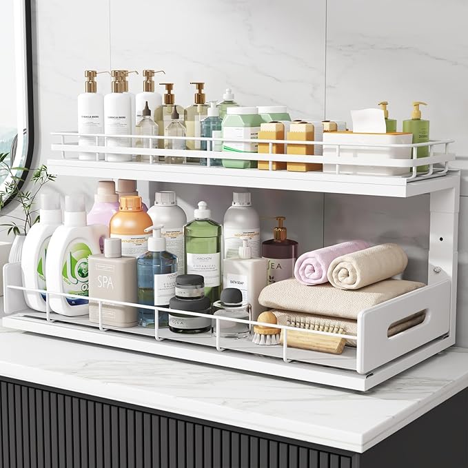 2 Pack 21 IN Depth Pull Out Cabinet Storage With Smooth Rails,2-Tier Dual Pull Out Cabinet Storage For Bathroom Kitchen,Under Sink Shelf-White-NeatNest