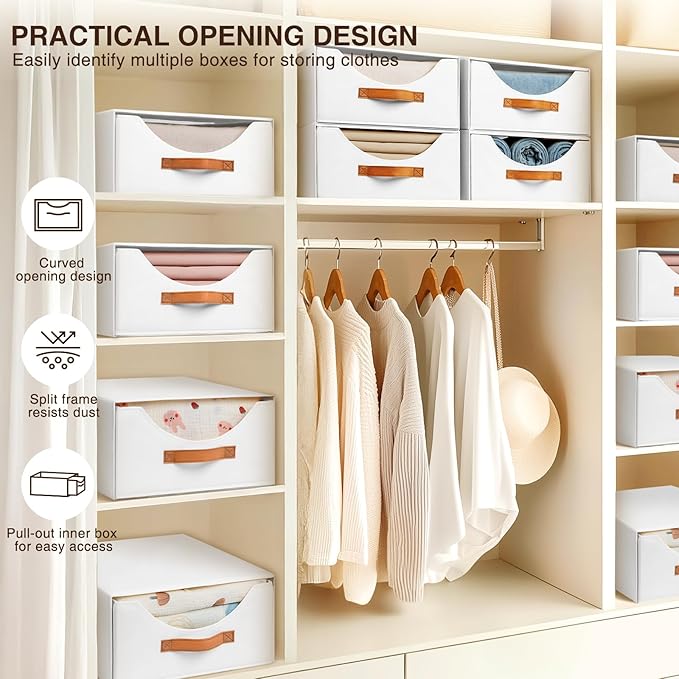 Closet Organizers and Storage - Large Stackable Storage Bins with Drawer, Fabric Bins for Organization, Collapsible Storage Drawers Organizer for Bedroom, Living Room, 4 Pack, White-NeatNest