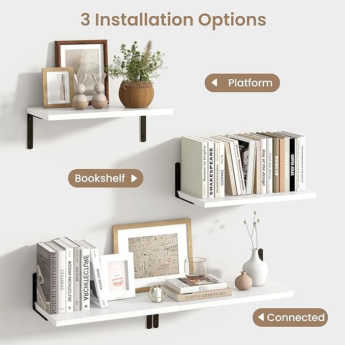 Fun Memories Deep Floating Shelves, 16W x 8D Floating Shelves Set of 2, Wall Mounted Shelf with Metal Brackets, Rustic Wood Wall Shelf for Bathroom, Kitchen and Living Room, White-NeatNest