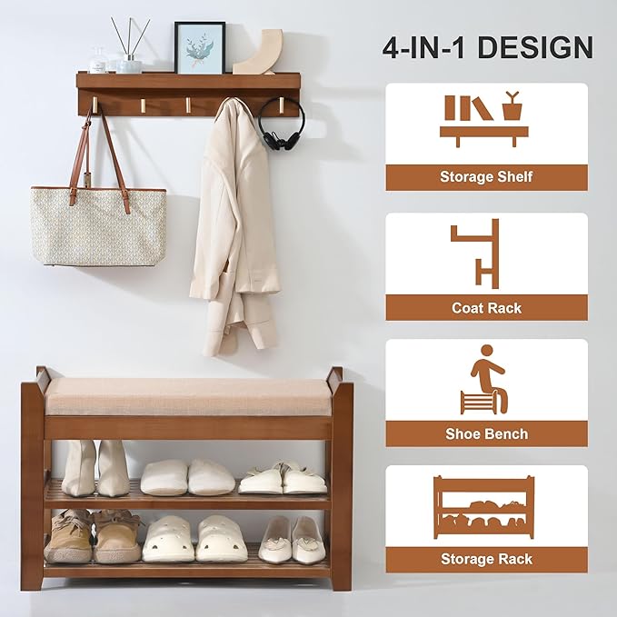 Shoe Rack for Front Door Entrance, 28” Entryway Bench with Coat Rack, Hall Tree Shoe Bench with Storage for Entry, Hallway, Bedroom, Living Room-NeatNest