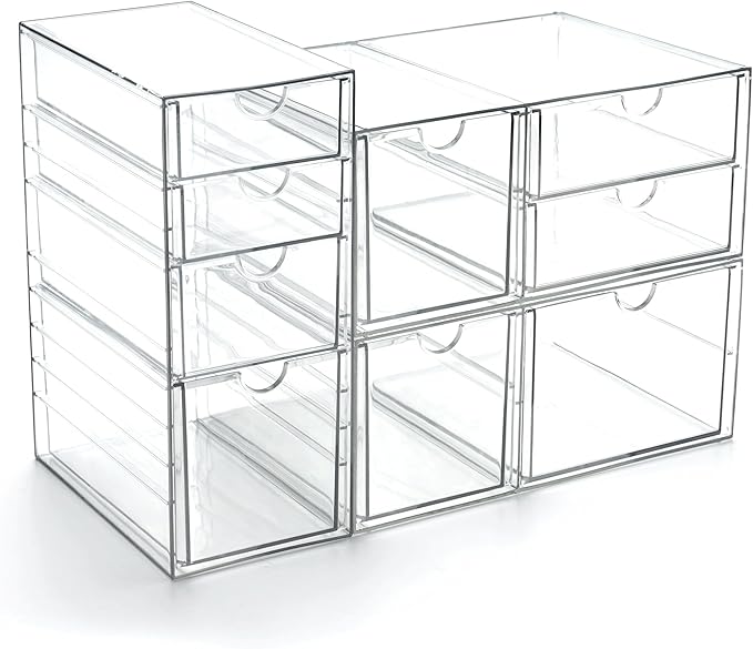 Prsildan Acrylic Drawer Makeup Organizer with 9 Drawers, Set of 3 Office Desk Organizers Accessories, Clear Stackable Storage Drawers for Vanity, Countertop, Craft, Jewelry, Art Supply Organization-NeatNest