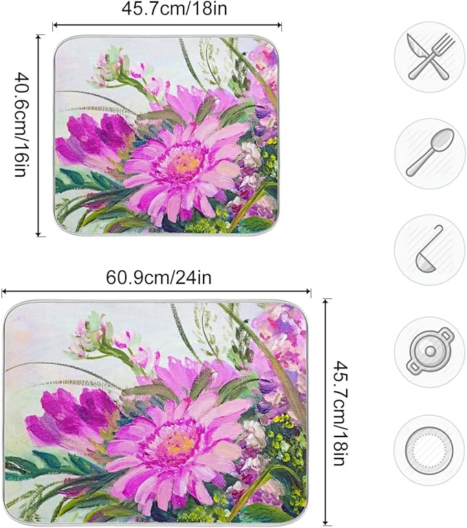 Absorbent Dish Drying Mat for Kitchen Counter - Oil Painting Flowers Microfiber Drying Pad, Reversible Drainer Mats for Countertop, Large 18" x 24"