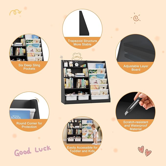 Black Kids Bookshelf Wood Toy Storage Organizer Cabinet Children Bookcase Toddler Baby Sling Book Rack Adjustable Shelf for Playroom Bedroom Nursery Hallway School Kindergarten-NeatNest