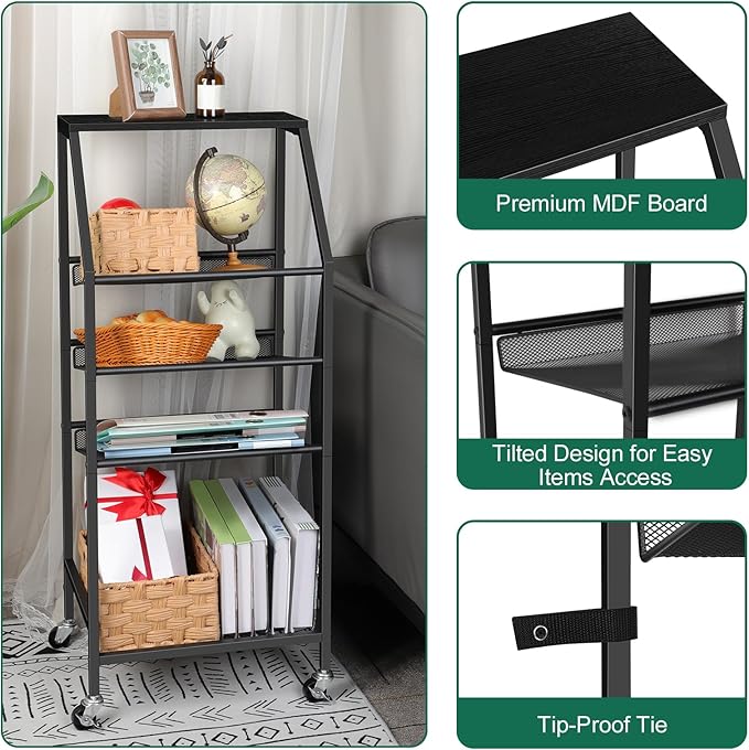 Bathroom Freestanding Towel Rack Table 5 Tier Metal Rolling Utility Cart with Storage for Bath Living Room Bedroom, Black