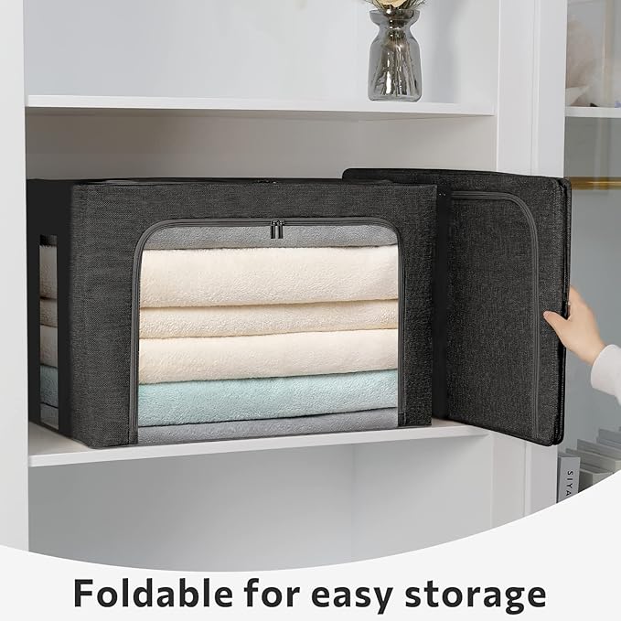 2 Pack Clothes Storage Bins Stackable Metal Frame Storage Box Foldable Linen Fabric Box Organizer with Carrying Handles and Clear Window (Black, 15.7x 11.8x 11.7 Inch)-NeatNest