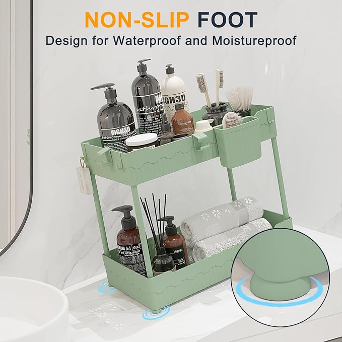 2 Pack Under Sink Organizer, Under Bathroom Cabinet Organizer with Hooks Hanging Cup, Multi-Purpose Storage Shelf for Kitchen Bathroom (Green, L)-NeatNest