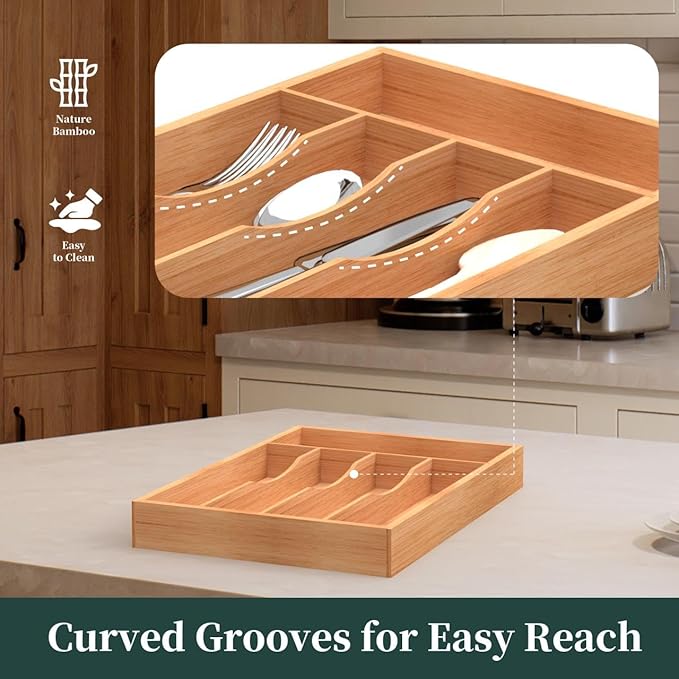 Bamboo Silverware Organizer, Kitchen Drawer Organizer, Utensil Holder, Cutlery Tray & Spoon Flatware Storage with Grooved Drawer Dividers (5 Slots, Natural)-NeatNest