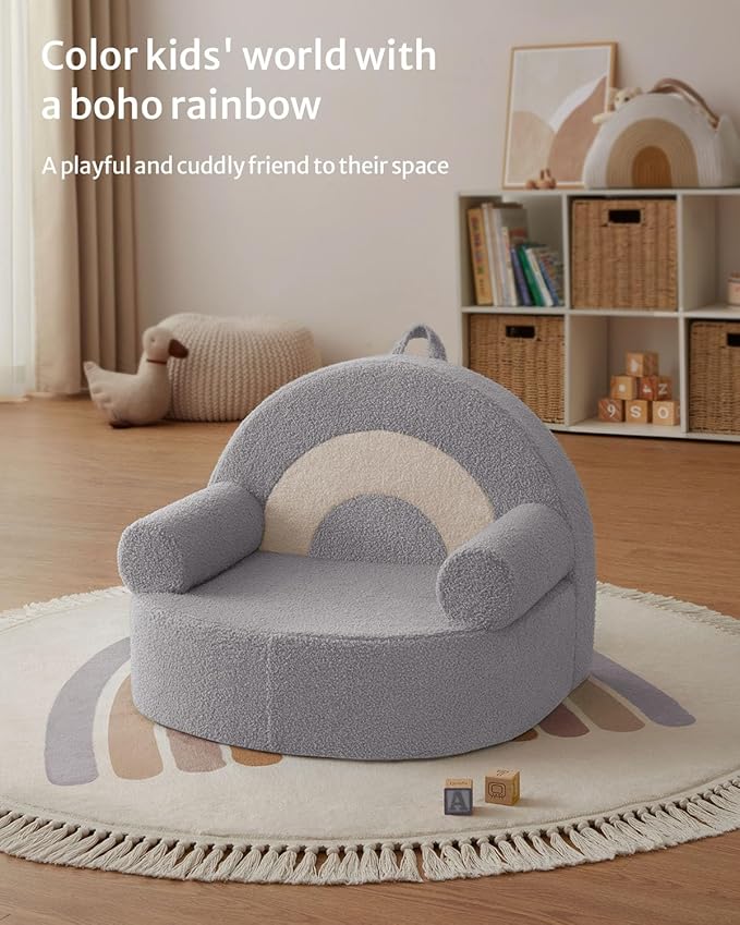 Blissful Diary Toddler Chair Comfy, Foam Kids Chair with Soft Teddy Plush, Toddler Reading Armchair for 1 2 3+ Year Old Girls Boys Baby Birthday Gift, Light Gray Arclet-NeatNest