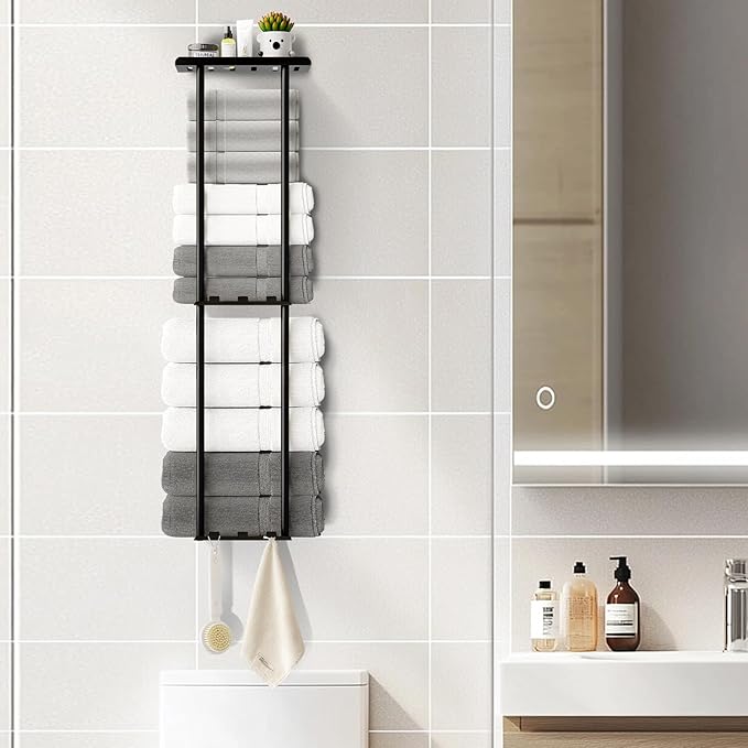 Towel Racks for Bathroom, 36.6 inch Metal Towel Storage, 8 Large Bath Towels Capacity, 3-Tier Towel Holder for Bathroom, with Shelf & 6 Hooks, Wall Mounted Towel Rack for Rolled Towels, Black