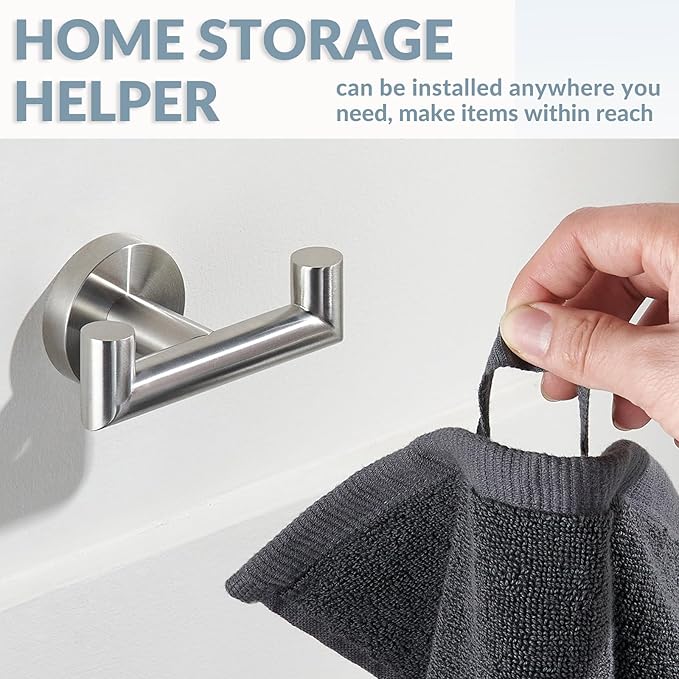 APLusee Bath Towel Hook, 304 Stainless Steel Double Robe Hanger Brushed Nickel, Functional Home Organizer Wall Mounted